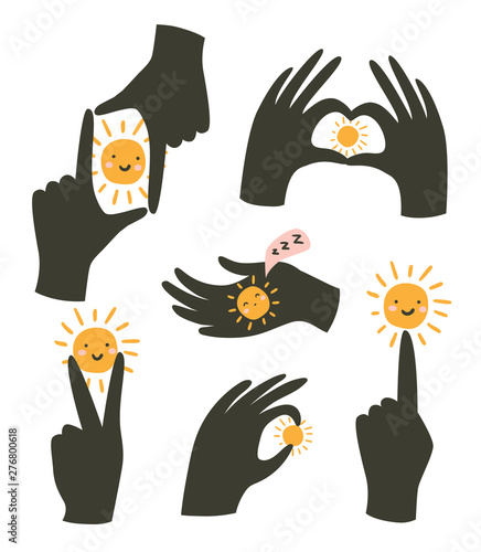 Hands gestures with sun isolated on white background. Vector illustration. Gestures of love and happiness.