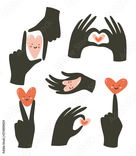 Hands gestures with heart isolated on white background. Vector illustration. Gestures of love and happiness.