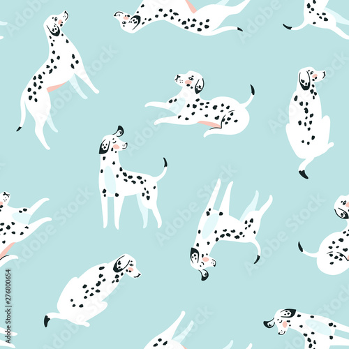 Cute funny white spotted dogs on the blue background. Dalmatian fabric design. Vector print with dogs.