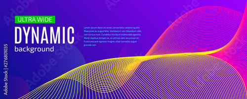 Abstract ultra wide dynamic background. Colorful curved lines on a purple background. Creative trendy backdrop for your website, poster, brochure, presentation. Geometric vector illustration