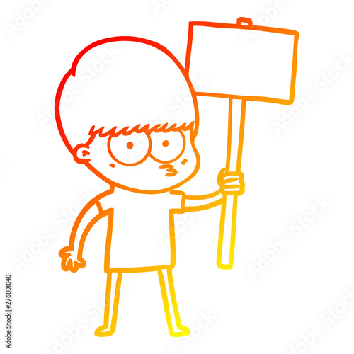 warm gradient line drawing nervous cartoon boy holding placard