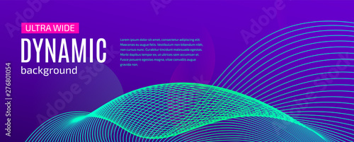 Abstract ultra wide dynamic background. Colorful curved lines on a purple background. Creative trendy backdrop for your website, poster, brochure, presentation. Geometric vector illustration