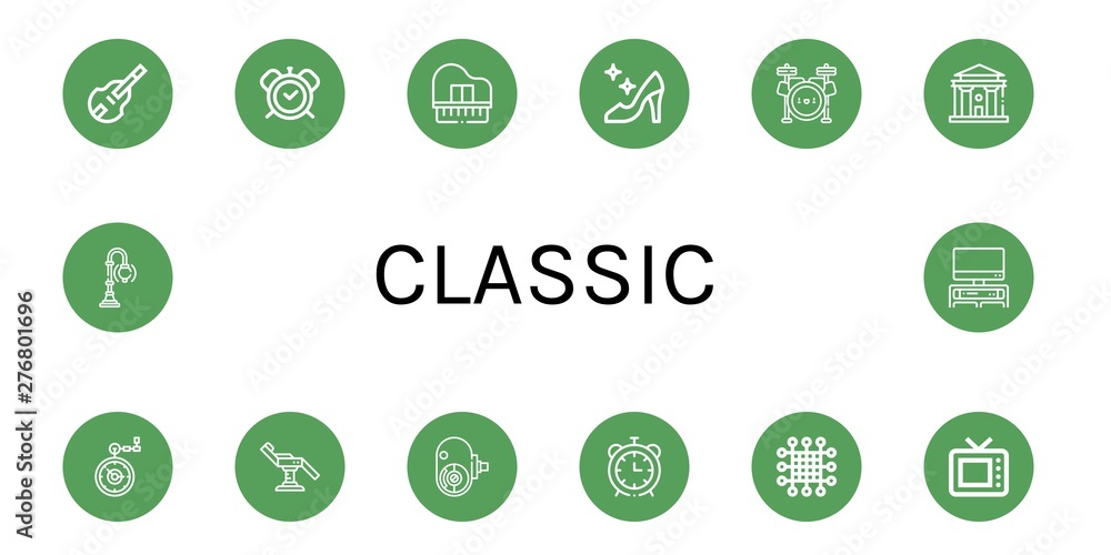 Set of classic icons such as Double bass, Alarm clock, Piano, High heels, Drum set, Courthouse, Pocket watch, Chair, Amateur camera, Net, Old tv, Street lamp, Tv , classic Set of classic icons such as Double bass, Alarm clock, Piano, High heels, Drum set, Courthouse, Pocket watch, Chair, Amateur camera, Net, Old tv, Street lamp, Tv , classic