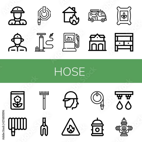 Set of hose icons such as Fireman, Firefighter, Water hose, Air pump, House on fire, Fuel station, Fire truck, Fire station, Seeds, Potting bench, Gardening, Rake, Weeder , hose