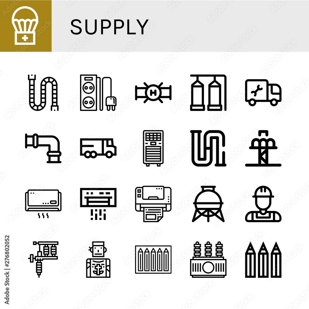 Set of supply icons such as Airdrop, Pipe, Power strip, Storage tank, Plumber, Lorry, Air conditioner, Piping, Drop tower, Multifunction printer, Tattoo machine, Tattoo artist , supply