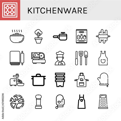Set of kitchenware icons such as Stove, Dough, Pot, Cooking pot, Mix, Slicer, Cooker, Kitchen tools, Apron, Mincer, Pots, Oven mitt, Broken plate, Grinder, Grater , kitchenware