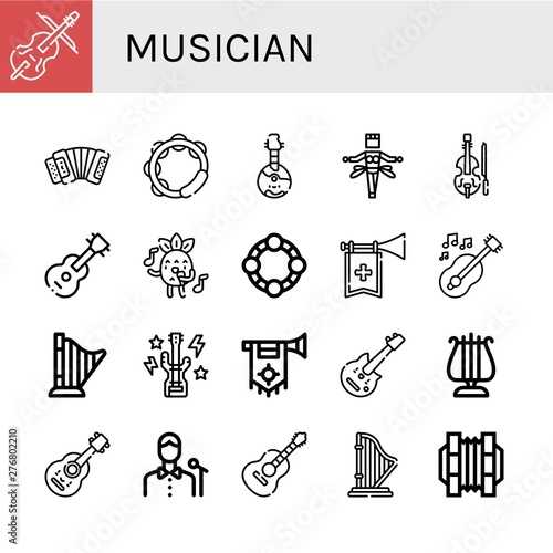 Set of musician icons such as Cello, Accordion, Tambourine, Domra, Samba, Violin, Guitar, Singing, Trumpet, Harp, Bass guitar, Electric guitar, Lyra, Acoustic , musician