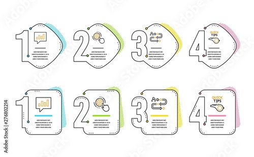 Cogwheel settings, Analytical chat and Journey path icons simple set. Tutorials sign. Engineering tool, Communication speech bubble, Project process. Quick tips. Technology set. Infographic timeline