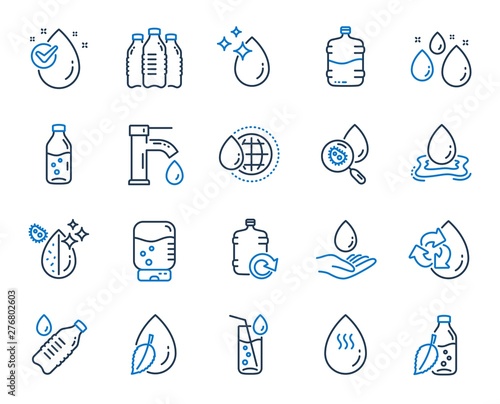 Water drop line icons. Set of Bottle, Antibacterial filter and Tap water linear icons. Bacteria, Cooler and Refill barrel bottle. Liquid drop, antibacterial cleaner and drink machine, tap. Vector