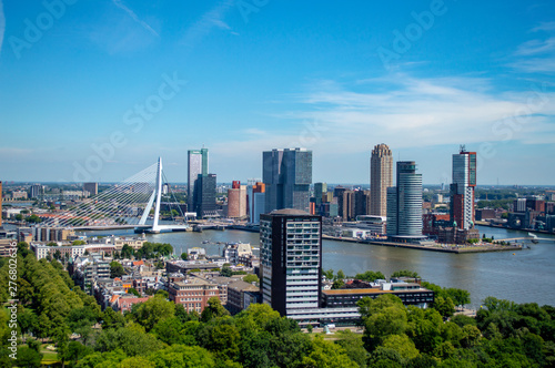 Scenic view of Rotterdam and Erasmus Bridge in the Netherlands as seen from the Euromast observation tower.