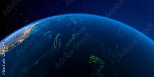 Detailed Earth at night. South Pacific. Fiji, New Caledonia, Solomon Islands photo