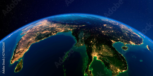 Detailed Earth at night. The eastern part of India, Bangladesh, Nepal, Bhutan, Myanmar, west of Thailand