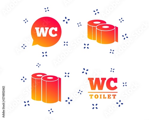Toilet paper icons. Gents and ladies room signs. Paper towel or kitchen roll. Speech bubble symbol. Random dynamic shapes. Gradient toilet icon. Vector