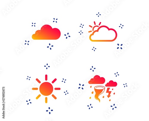 Weather icons. Cloud and sun signs. Storm or thunderstorm with lightning symbol. Gale hurricane. Random dynamic shapes. Gradient weather icon. Vector