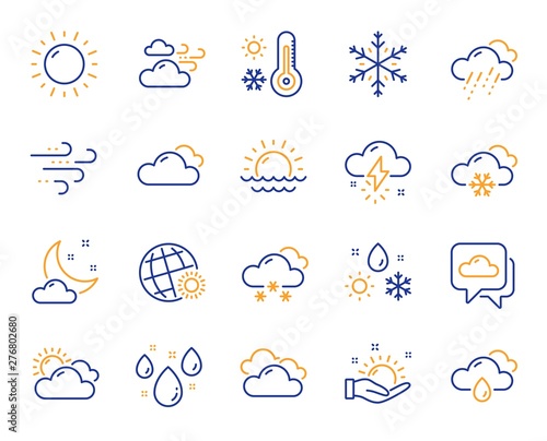 Weather and forecast line icons. Cloudy sky, winter snowflake, thermometer. Moon night, rain and sunset icons. Weather temperature, meteorology forecast and wind, thunder bolt. Vector