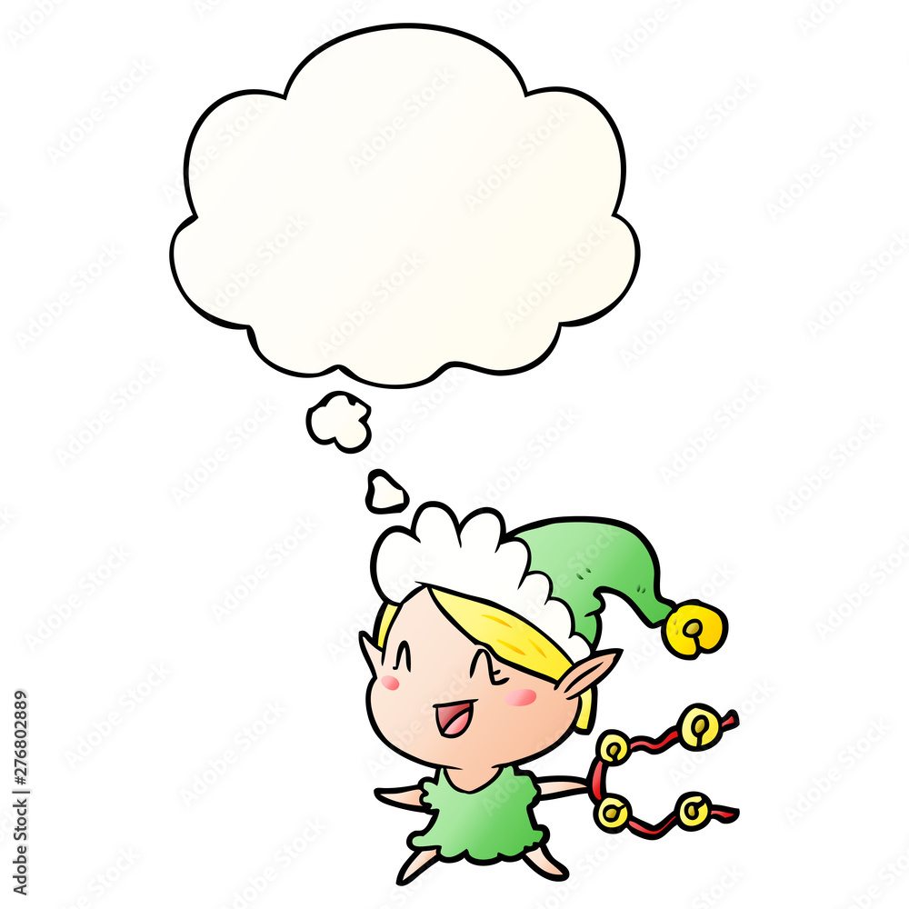 cartoon happy christmas elf and thought bubble in smooth gradient style cartoon happy christmas elf and thought bubble in smooth gradient style