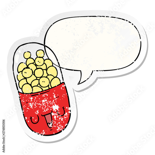 cartoon medical pill and speech bubble distressed sticker