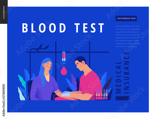 Medical tests Blue template - blood test - modern flat vector concept digital illustration of blood test procedure - patient and doctor with syringe and test tubes, medical office or laboratory