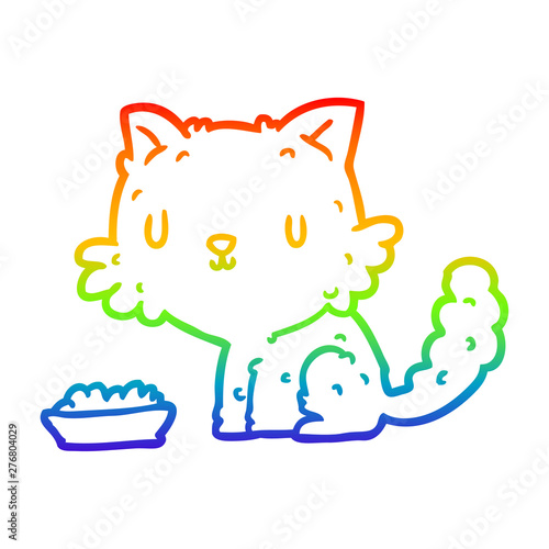 rainbow gradient line drawing cute cartoon cat and food