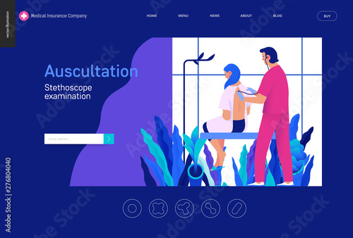 Medical tests Blue template - auscultation -modern flat vector concept digital illustration of stethoscope examination procedure - patient and doctor carrying out procedure, medical office, laboratory