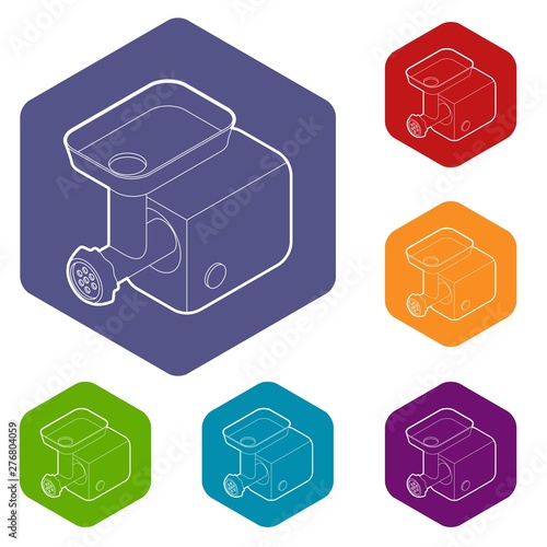 Electric meat grinder icons vector colorful hexahedron set collection isolated on white