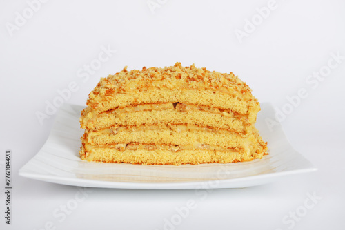 The hand-made custard honey cake with walnuts inside