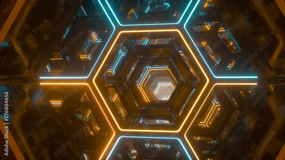 Flying through endless futuristic sci fi tunnel. Luminous neon glowing hexagons. Hyper jump into another galaxy. Abstract creative digital background. Modern colorful illumination. Seamless loop
