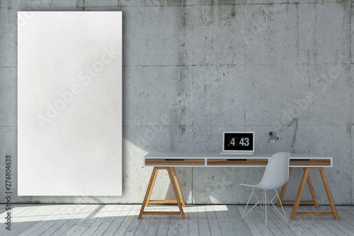 3d rendered modern workplace with empty whiteboard