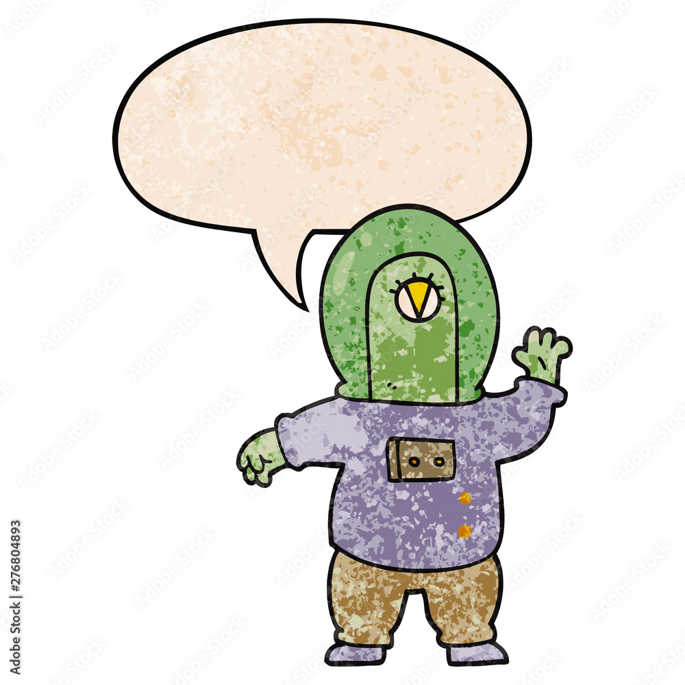 cartoon space alien and speech bubble in retro texture style cartoon space alien and speech bubble in retro texture style