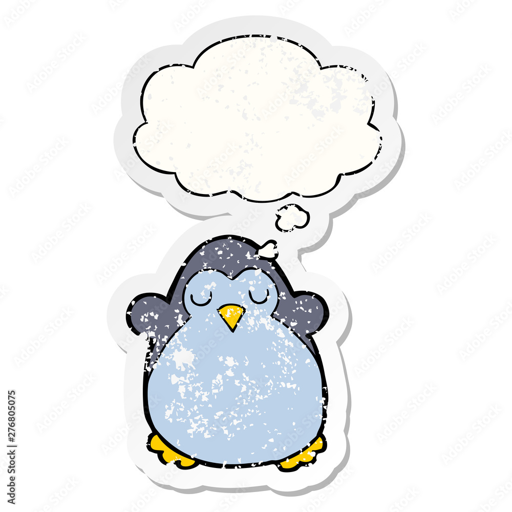 cartoon penguin and thought bubble as a distressed worn sticker