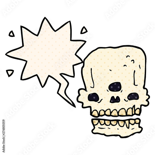 cartoon spooky skull and speech bubble in comic book style