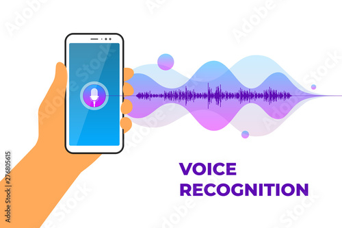 Personal assistant and voice recognition mobile app. Hand holds smartphone with microphone button on screen and gradient sound wave. Soundwave intelligent technologies vector illustration