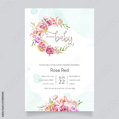 beautiful baby shower invitation with watercolor flowers Fototapeta