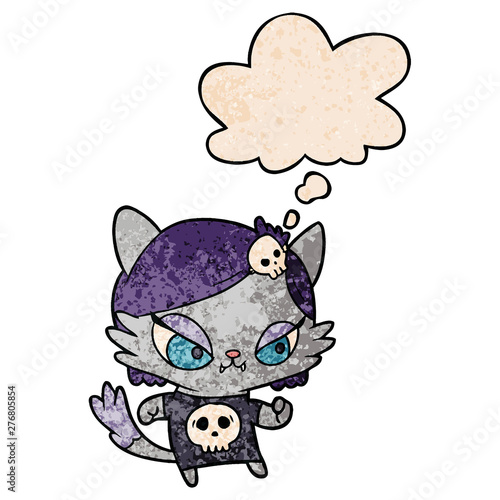 cartoon tough cat girl and thought bubble in grunge texture pattern style