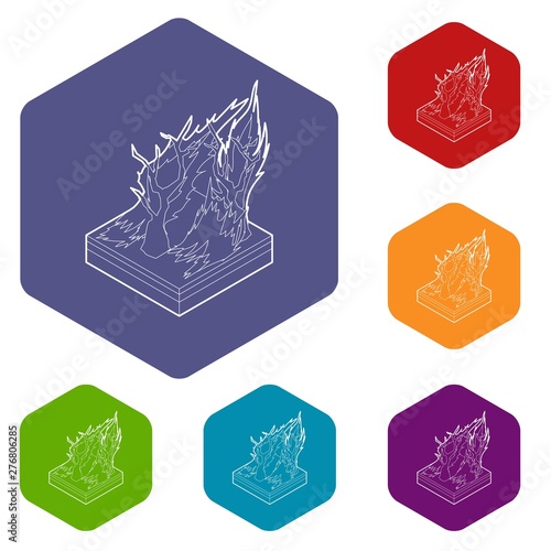 Forest fire icons vector colorful hexahedron set collection isolated on white