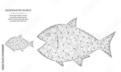 Big fish eat small low poly design, predator and prey in polygonal style, underwater world wire frame vector illustration on a white background