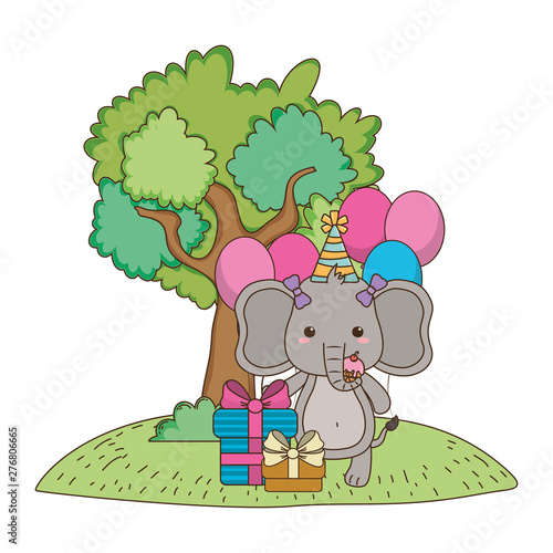 Elephant cartoon with happy birthday icon design