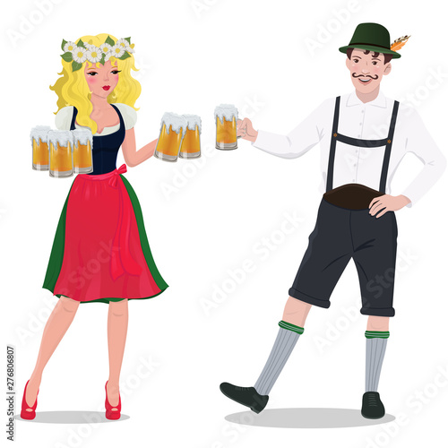 A man and a woman in Oktoberfest suits. Isolated on white background. Vector graphics.