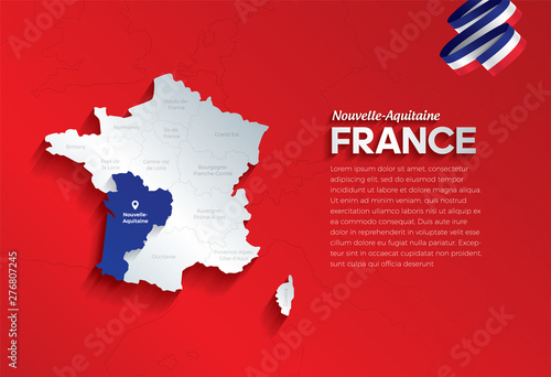 Vector isolated illustration of simplified administrative map and flag  of France. Blue shape of Nouvelle-Aquitaine. Borders of the provinces (regions). Grey silhouettes. photo