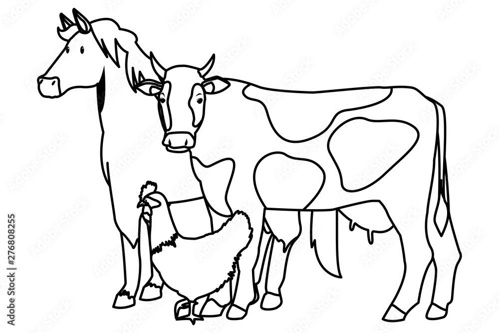 Fototapeta premium farm, animals and farmer cartoon in black and white