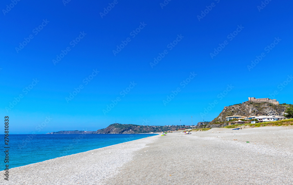 Milazzo beach, wonderful coastline with fine and white sandy bay in Milazzo town, Sicily, Italy