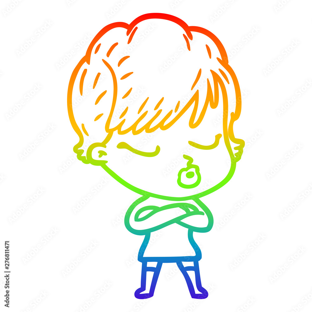 rainbow gradient line drawing cartoon woman with eyes shut