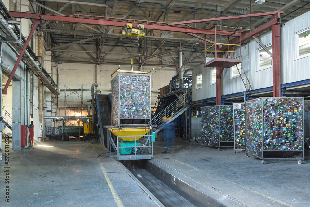 Conveyer for plastic recycling.Waste sorting.  