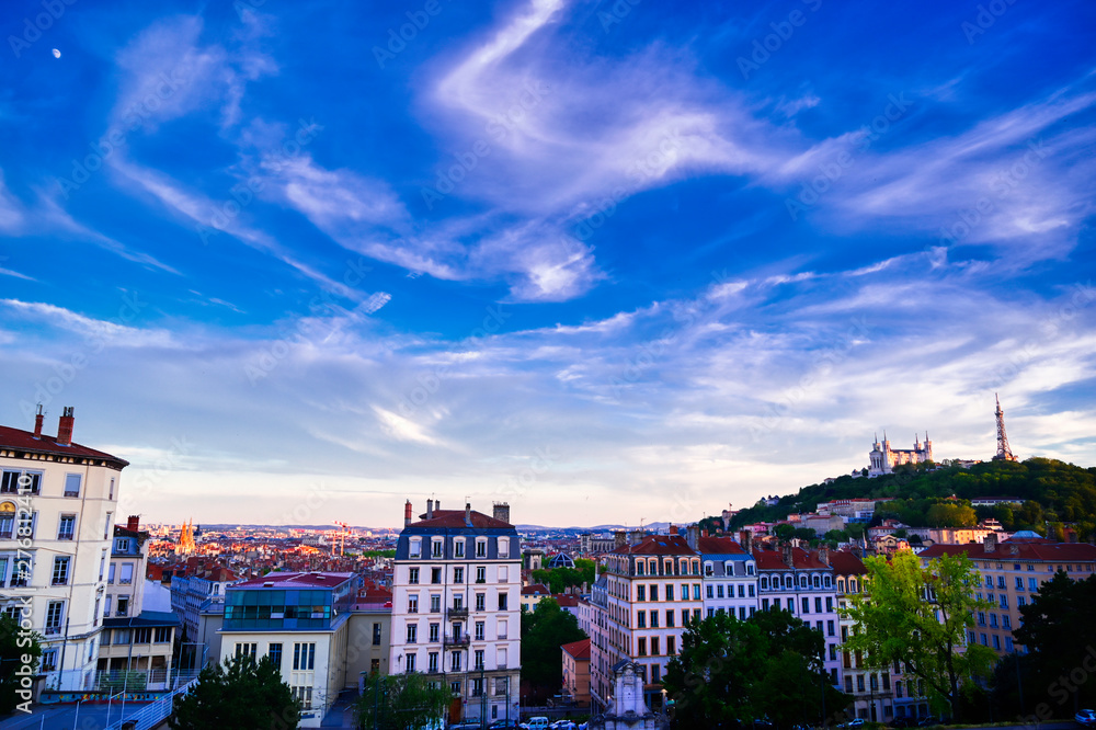 Lyon, France and the Basilica of Notre-Dame de Fourviere from Jardin des plantes.