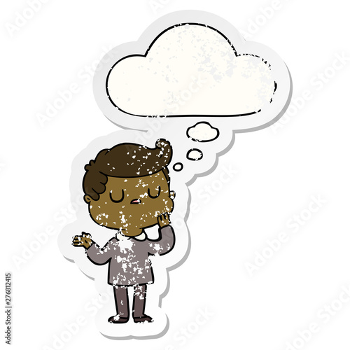 cartoon man wondering and thought bubble as a distressed worn sticker