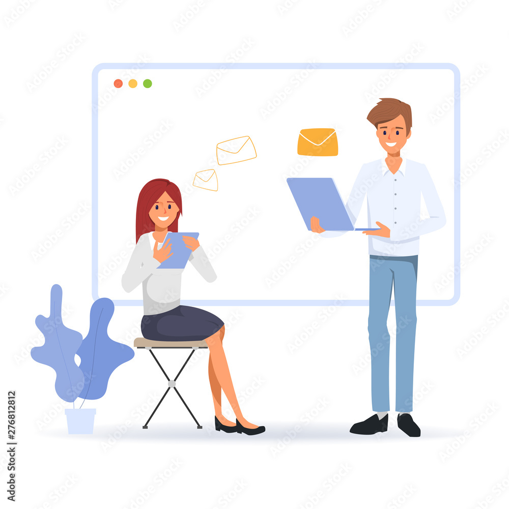 Business people character to online communication. Social media network concept. People with technology gadget. Sending and receive email to colleague. Business people character to online communication. Social media network concept. People with technology gadget. Sending and receive email to colleague.