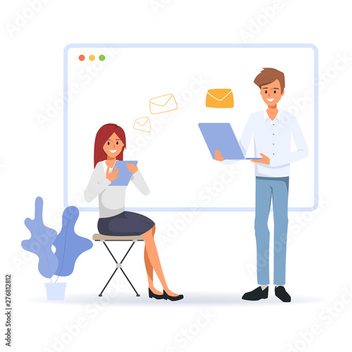 Business people character to online communication. Social media network concept. People with technology gadget. Sending and receive email to colleague.