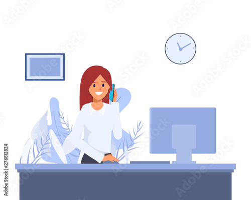 Woman working in operation at lobby hotel. Call center or reception character. Hotel service job.