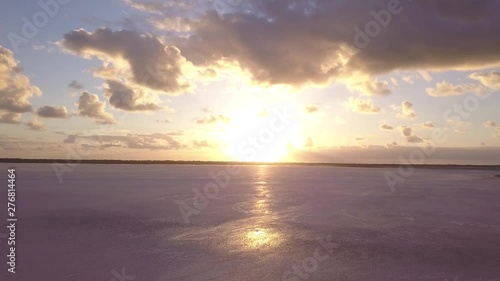 Aerial view of the Pink Lake in south west Australia. The pink lake reflects the red Australian desert sun in its clear water