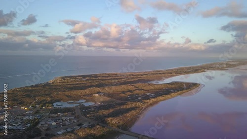 Aerial view of the Pink Lake in south west Australia. The pink lake reflects the red Australian desert sun in its clear water
